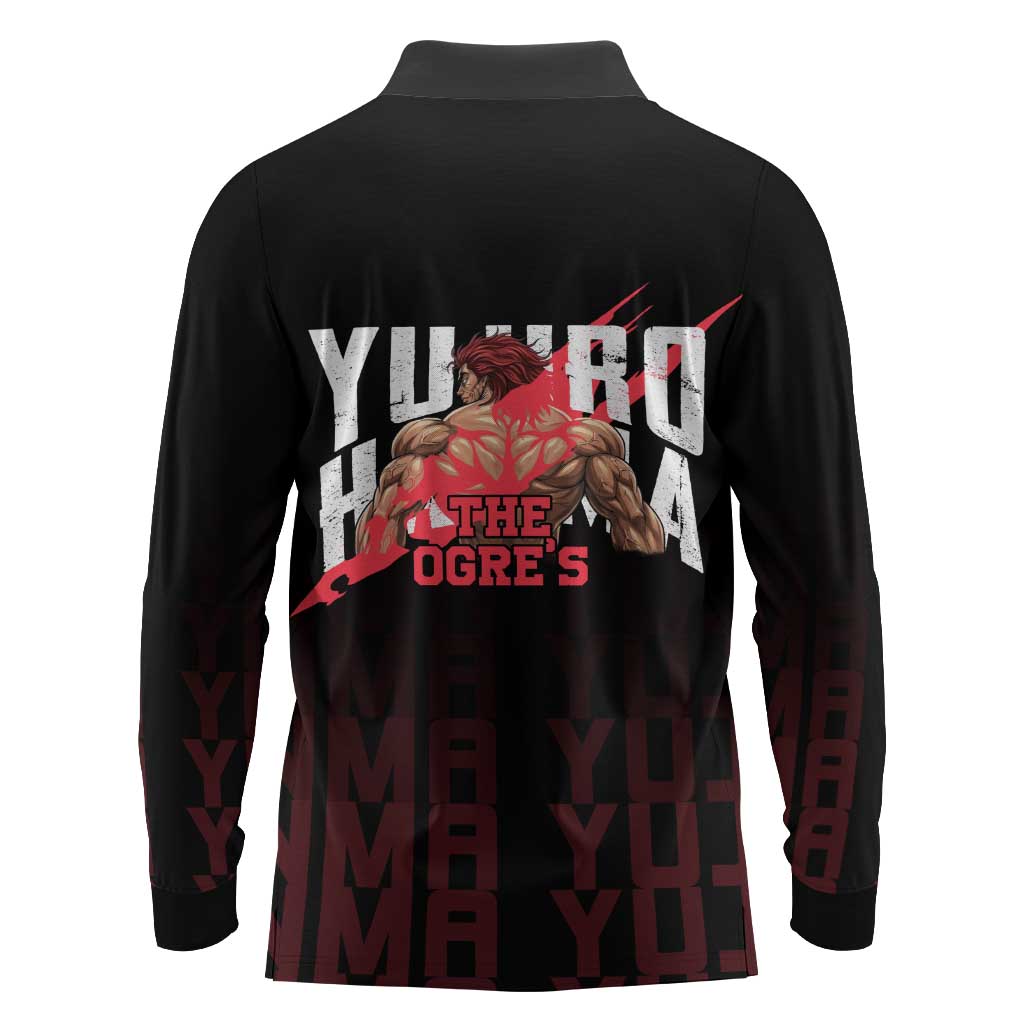 Yujiro Hanma The Ogre Baki Series Gym Theme Long Sleeve Polo Shirt with Muscular Back Design and Bold Typography - The Mazicc
