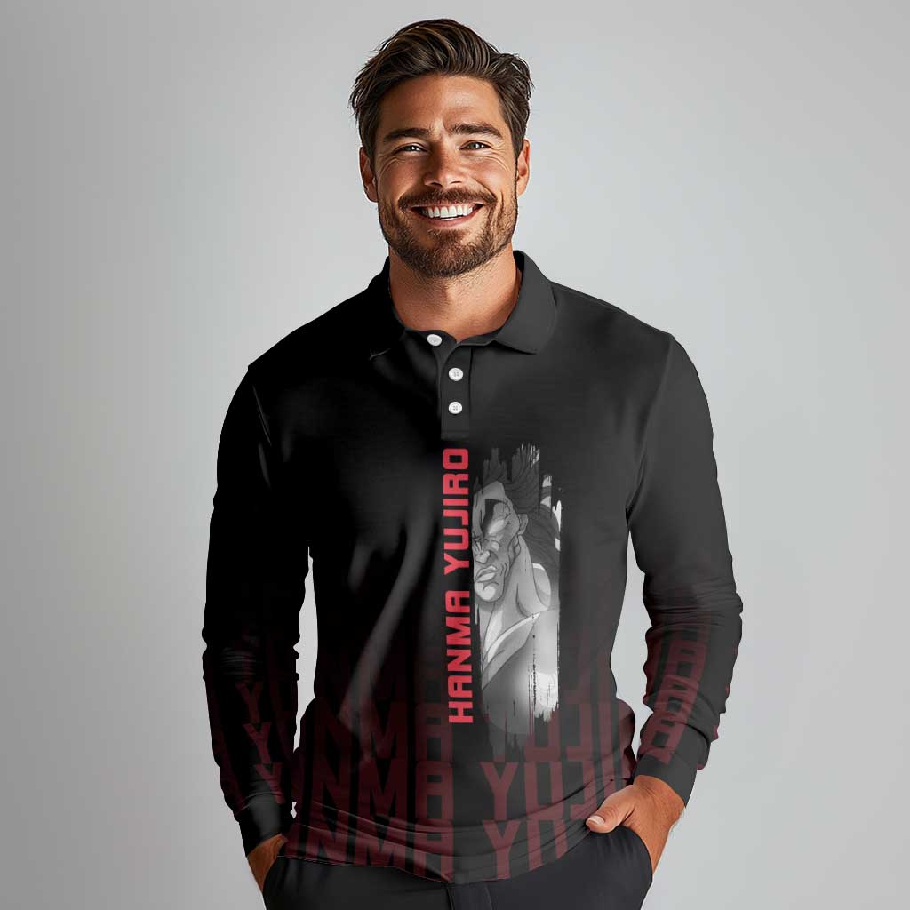 Yujiro Hanma The Ogre Baki Series Gym Theme Long Sleeve Polo Shirt with Muscular Back Design and Bold Typography - The Mazicc