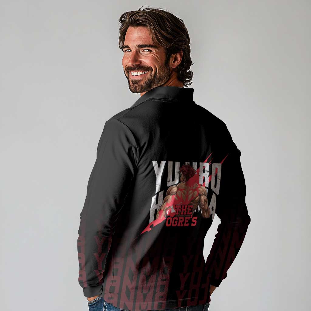 Yujiro Hanma The Ogre Baki Series Gym Theme Long Sleeve Polo Shirt with Muscular Back Design and Bold Typography - The Mazicc