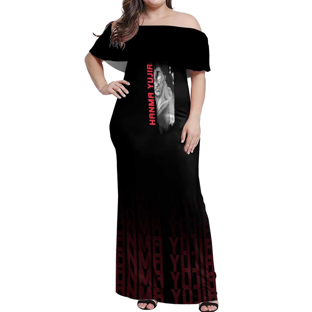 Yujiro Hanma The Ogre Baki Series Gym Theme Off Shoulder Maxi Dress with Muscular Back Design and Bold Typography - The Mazicc