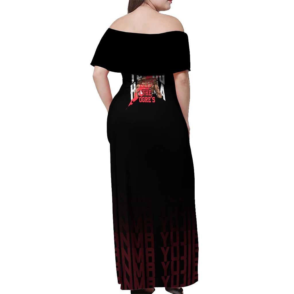 Yujiro Hanma The Ogre Baki Series Gym Theme Off Shoulder Maxi Dress with Muscular Back Design and Bold Typography - The Mazicc