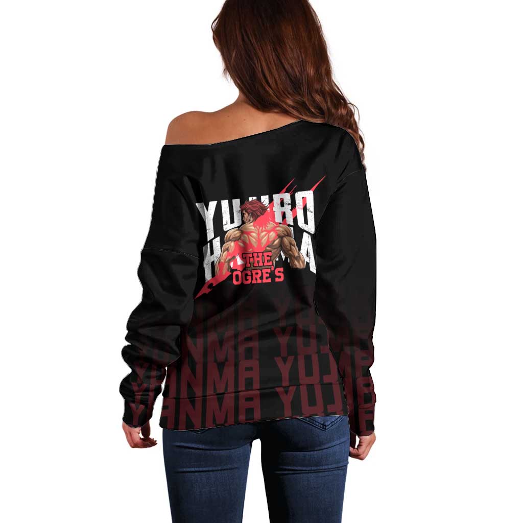 Yujiro Hanma The Ogre Baki Series Gym Theme Off Shoulder Sweater with Muscular Back Design and Bold Typography - The Mazicc