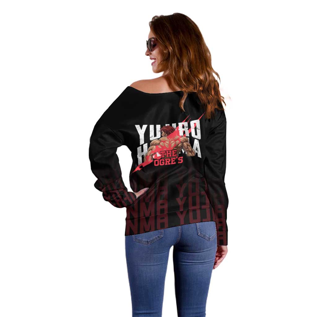 Yujiro Hanma The Ogre Baki Series Gym Theme Off Shoulder Sweater with Muscular Back Design and Bold Typography - The Mazicc
