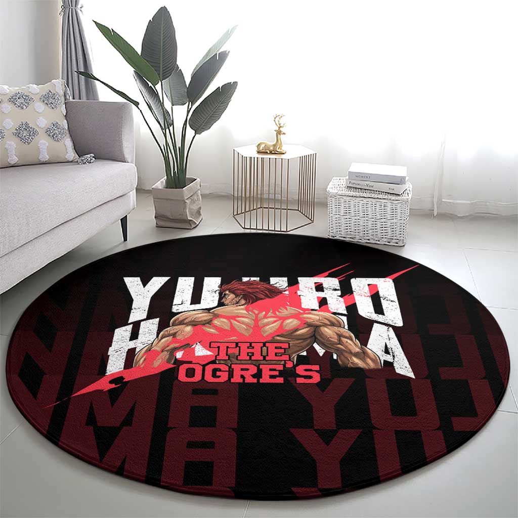 Yujiro Hanma The Ogre Baki Series Gym Theme Round Carpet with Muscular Back Design and Bold Typography - The Mazicc