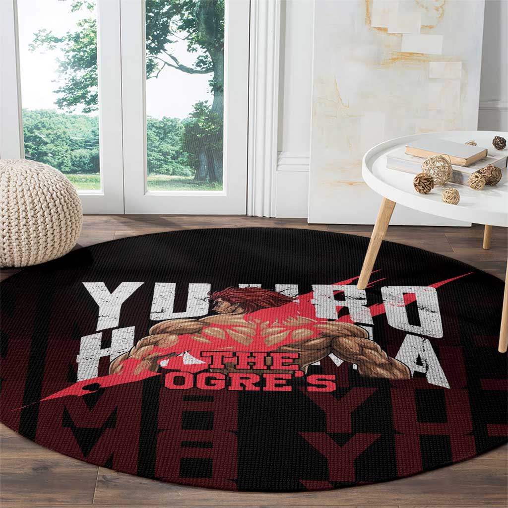 Yujiro Hanma The Ogre Baki Series Gym Theme Round Carpet with Muscular Back Design and Bold Typography - The Mazicc