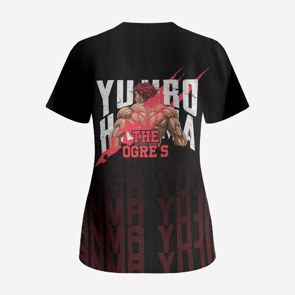 Yujiro Hanma The Ogre Baki Series Gym Theme Scrub Top with Muscular Back Design and Bold Typography - The Mazicc