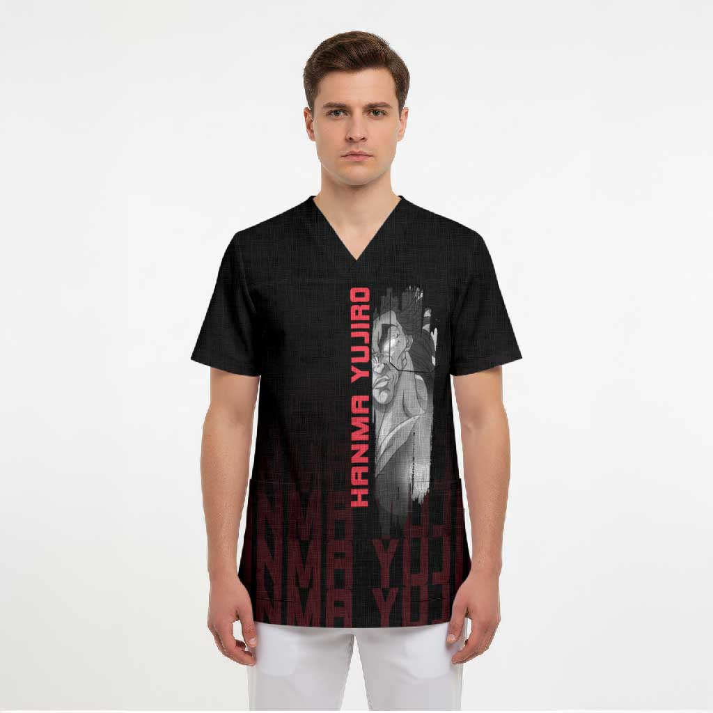 Yujiro Hanma The Ogre Baki Series Gym Theme Scrub Top with Muscular Back Design and Bold Typography - The Mazicc