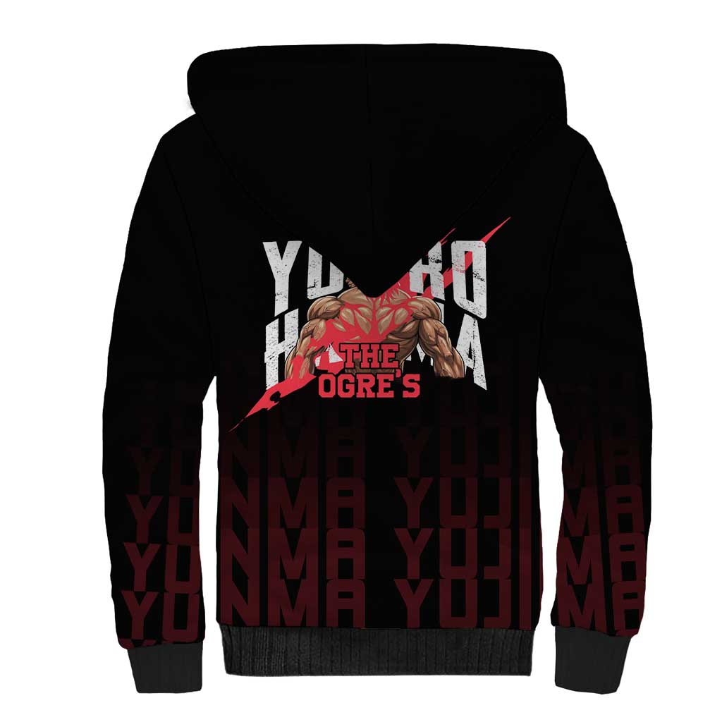 Yujiro Hanma The Ogre Baki Series Gym Theme Sherpa Hoodie with Muscular Back Design and Bold Typography - The Mazicc