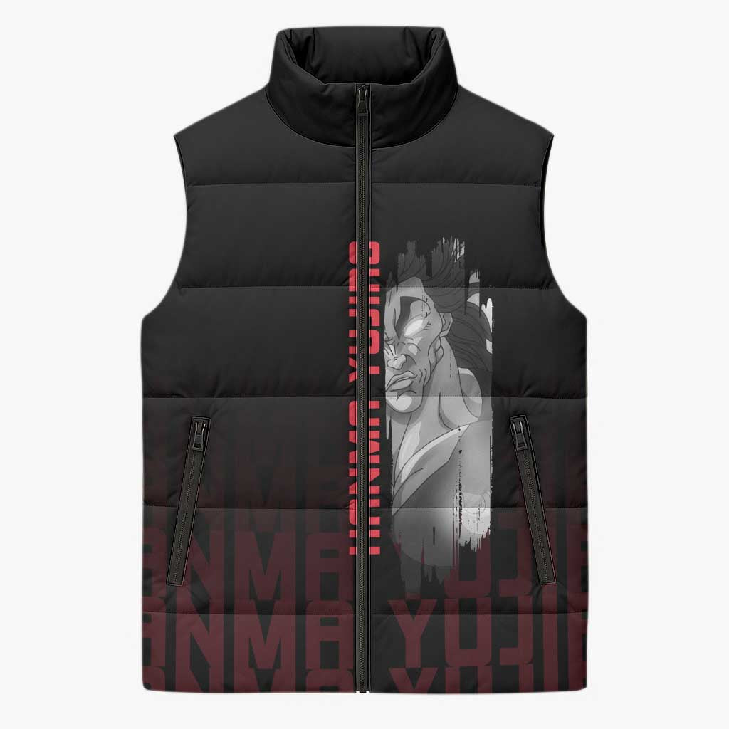 Yujiro Hanma The Ogre Baki Series Gym Theme Sleeveless Puffer Jacket with Muscular Back Design and Bold Typography - The Mazicc