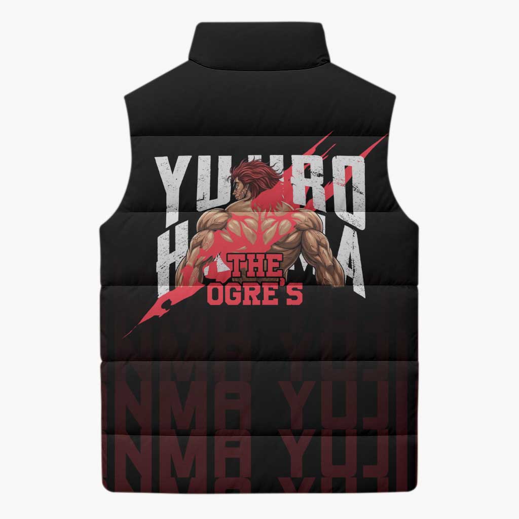Yujiro Hanma The Ogre Baki Series Gym Theme Sleeveless Puffer Jacket with Muscular Back Design and Bold Typography - The Mazicc