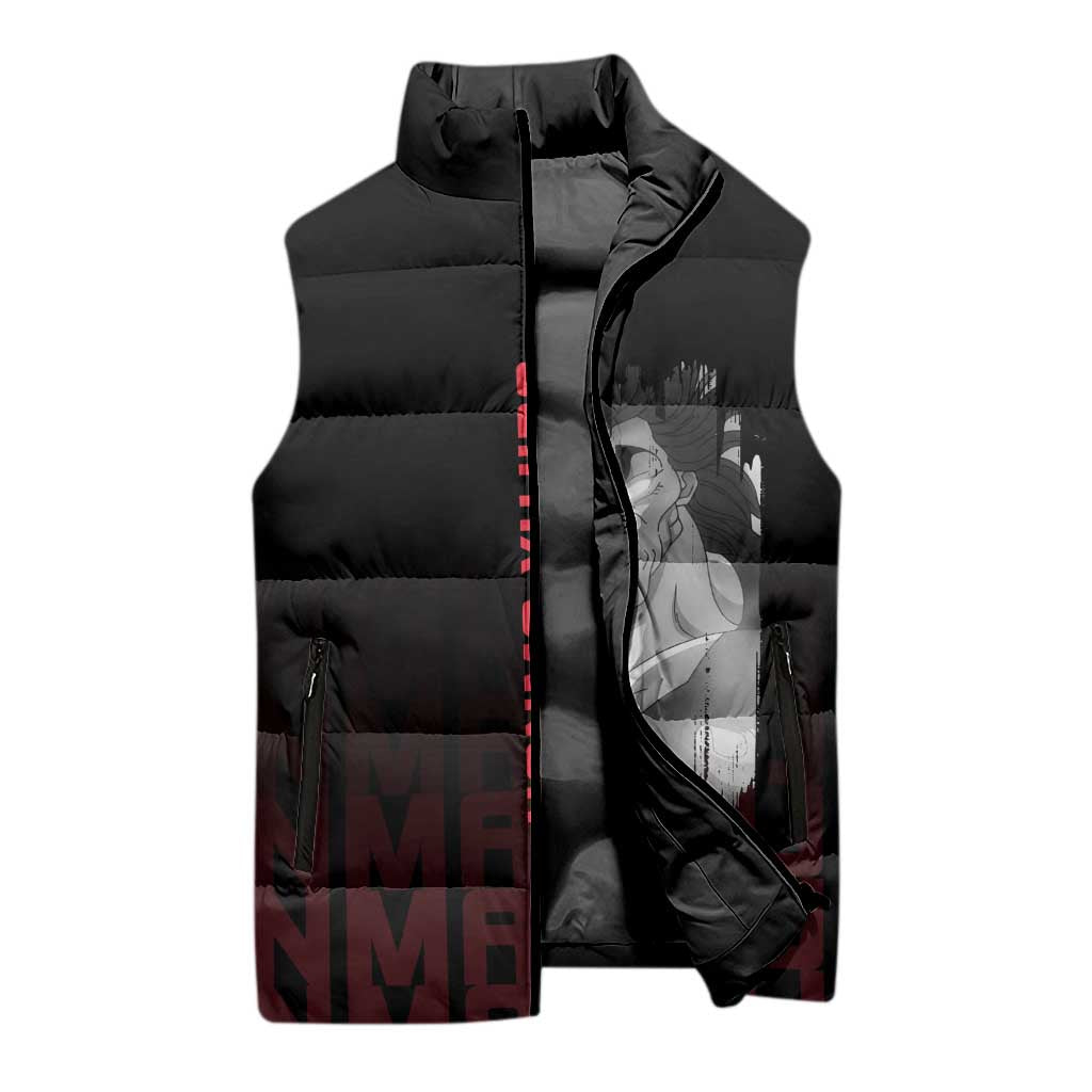 Yujiro Hanma The Ogre Baki Series Gym Theme Sleeveless Puffer Jacket with Muscular Back Design and Bold Typography - The Mazicc