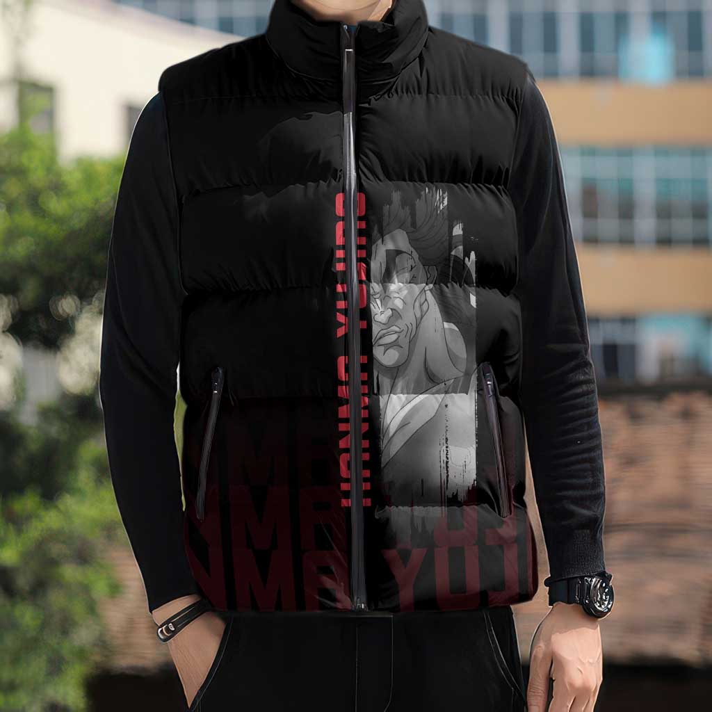 Yujiro Hanma The Ogre Baki Series Gym Theme Sleeveless Puffer Jacket with Muscular Back Design and Bold Typography - The Mazicc