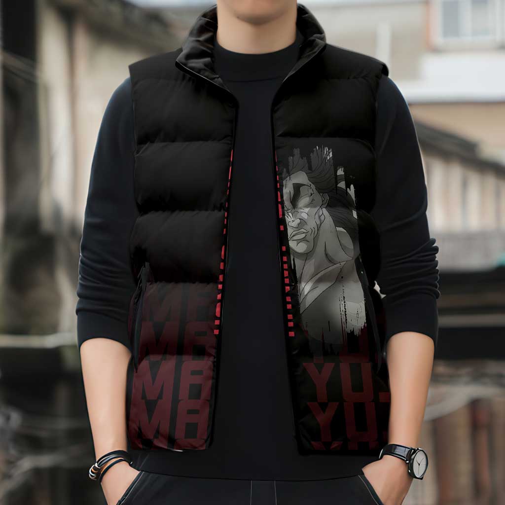 Yujiro Hanma The Ogre Baki Series Gym Theme Sleeveless Puffer Jacket with Muscular Back Design and Bold Typography - The Mazicc