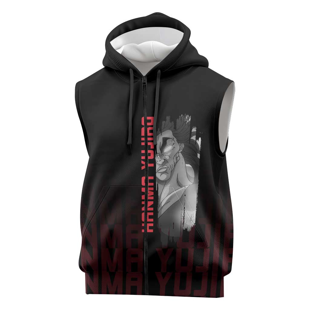 Yujiro Hanma The Ogre Baki Series Gym Theme Sleeveless Zip Hoodie with Muscular Back Design and Bold Typography - The Mazicc