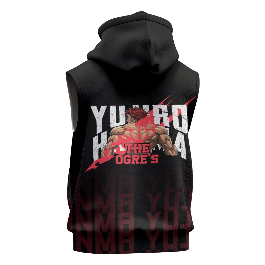 Yujiro Hanma The Ogre Baki Series Gym Theme Sleeveless Zip Hoodie with Muscular Back Design and Bold Typography - The Mazicc