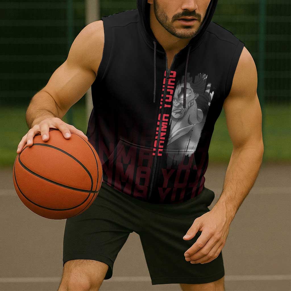 Yujiro Hanma The Ogre Baki Series Gym Theme Sleeveless Zip Hoodie with Muscular Back Design and Bold Typography - The Mazicc