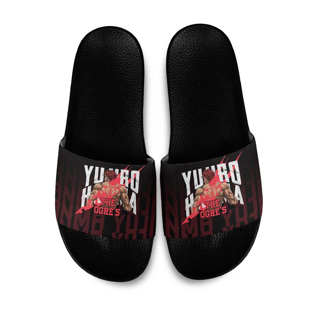 Yujiro Hanma The Ogre Baki Series Gym Theme Slide Sandals with Muscular Back Design and Bold Typography - The Mazicc