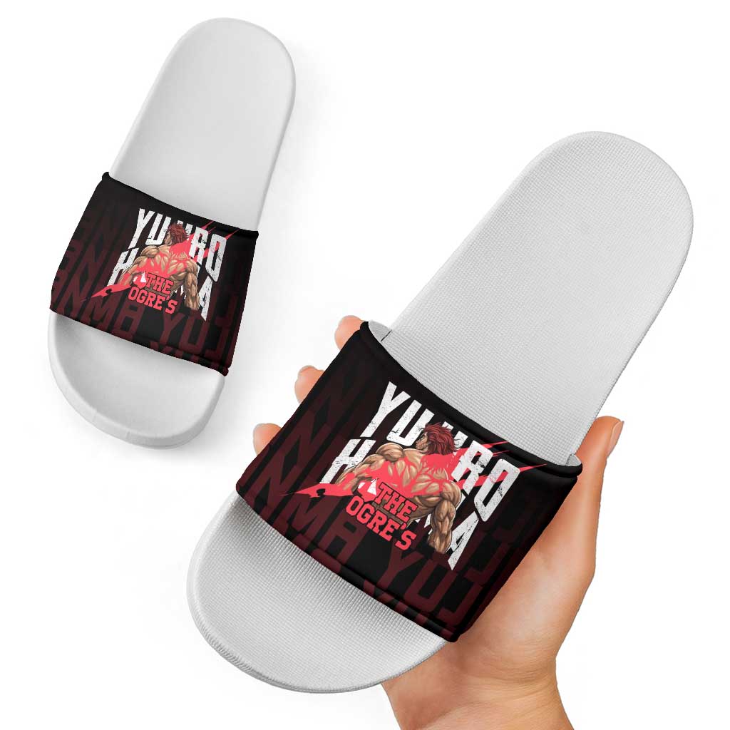 Yujiro Hanma The Ogre Baki Series Gym Theme Slide Sandals with Muscular Back Design and Bold Typography - The Mazicc
