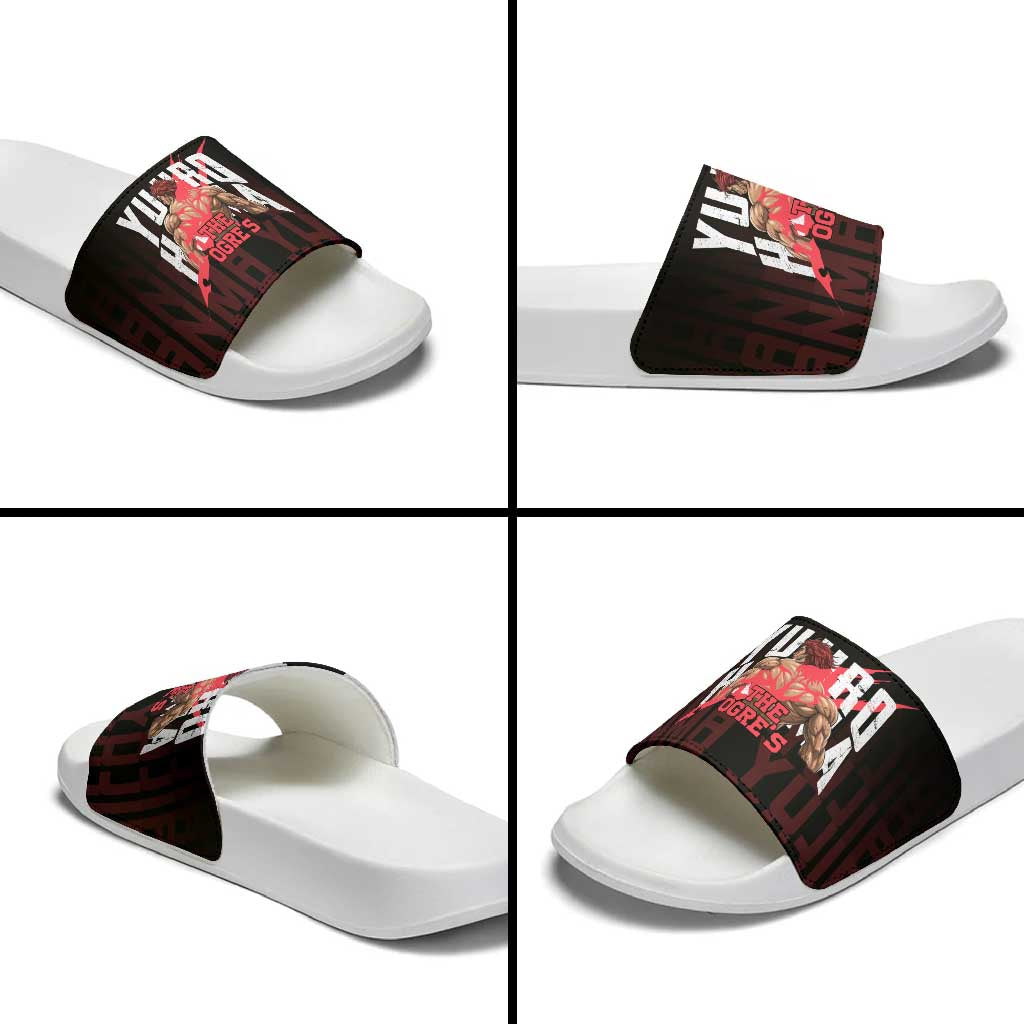 Yujiro Hanma The Ogre Baki Series Gym Theme Slide Sandals with Muscular Back Design and Bold Typography - The Mazicc