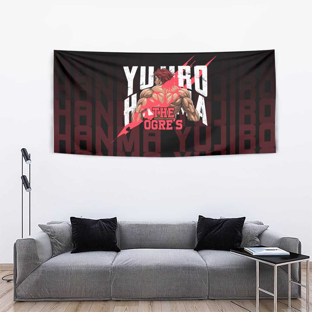 Yujiro Hanma The Ogre Baki Series Gym Theme Tapestry with Muscular Back Design and Bold Typography - The Mazicc