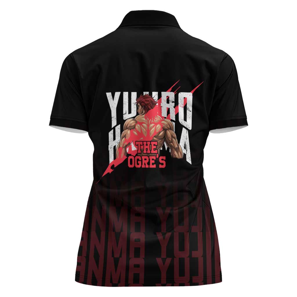 Yujiro Hanma The Ogre Baki Series Gym Theme Women Polo Shirt with Muscular Back Design and Bold Typography - The Mazicc