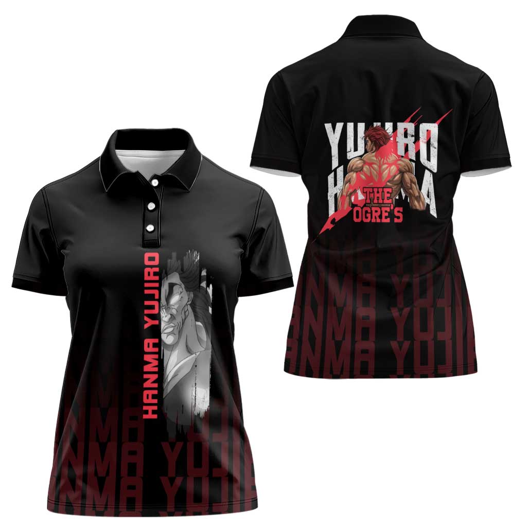 Yujiro Hanma The Ogre Baki Series Gym Theme Women Polo Shirt with Muscular Back Design and Bold Typography - The Mazicc