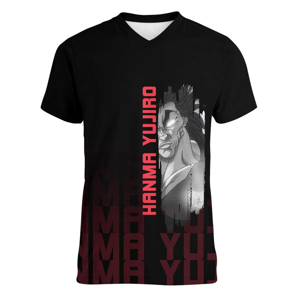 Yujiro Hanma The Ogre Baki Series Gym Theme Women V-Neck T-Shirt with Muscular Back Design and Bold Typography - The Mazicc