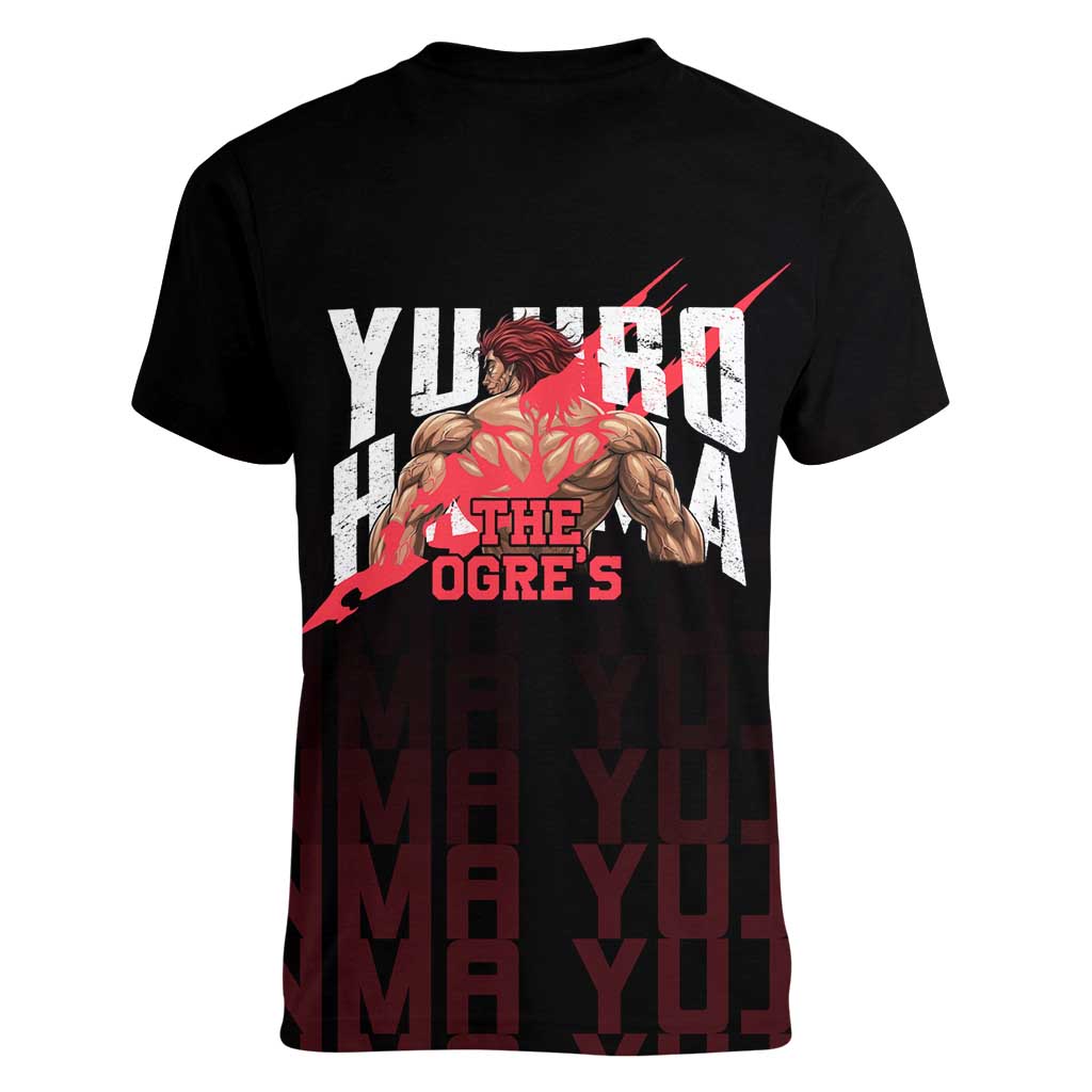 Yujiro Hanma The Ogre Baki Series Gym Theme Women V-Neck T-Shirt with Muscular Back Design and Bold Typography - The Mazicc
