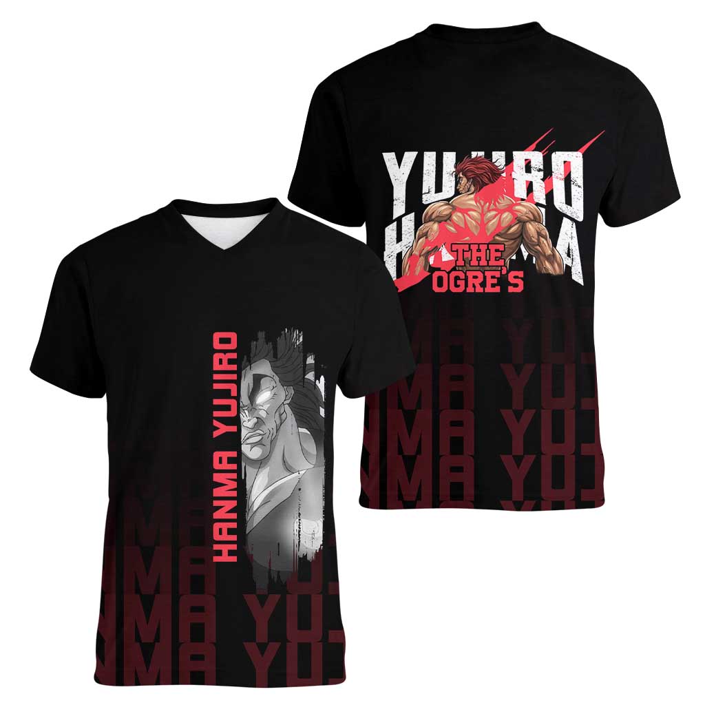 Yujiro Hanma The Ogre Baki Series Gym Theme Women V-Neck T-Shirt with Muscular Back Design and Bold Typography - The Mazicc