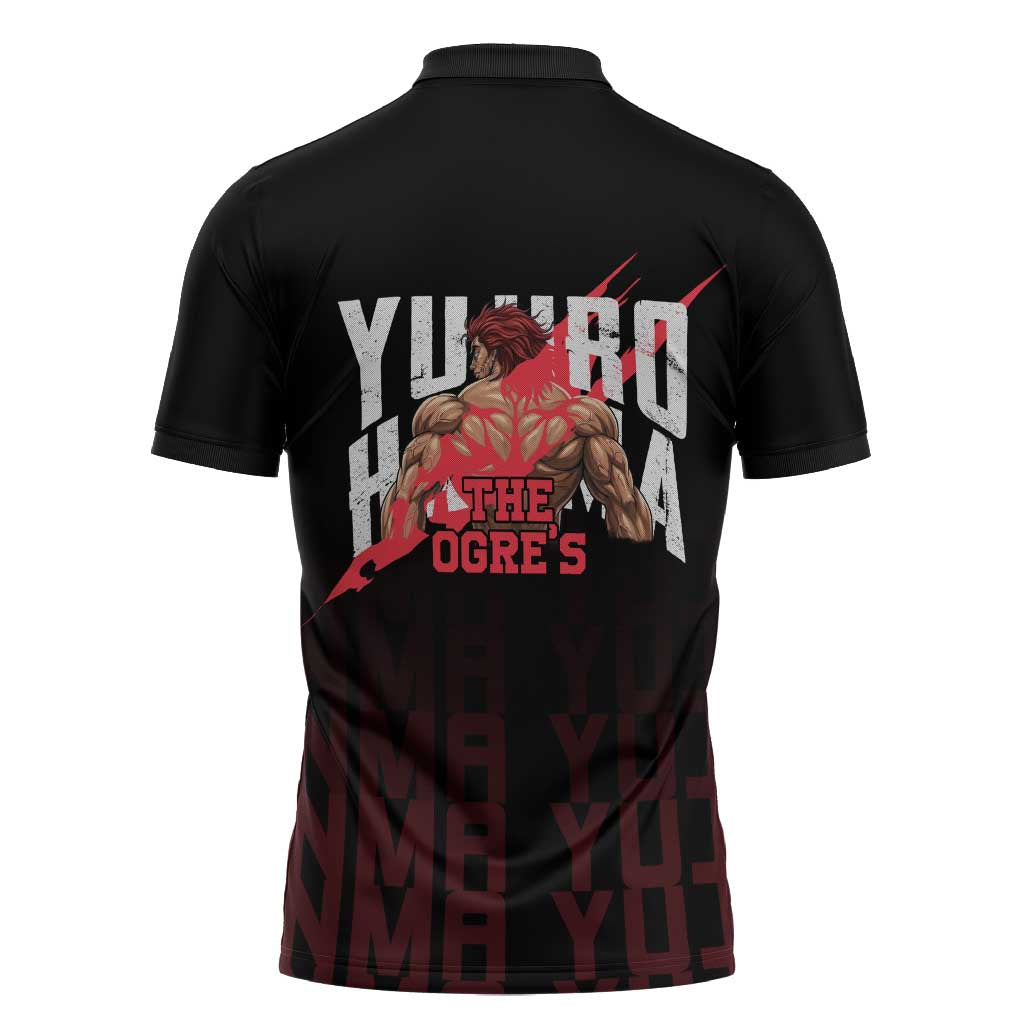 Yujiro Hanma The Ogre Baki Series Gym Theme Zipper Polo Shirt with Muscular Back Design and Bold Typography - The Mazicc
