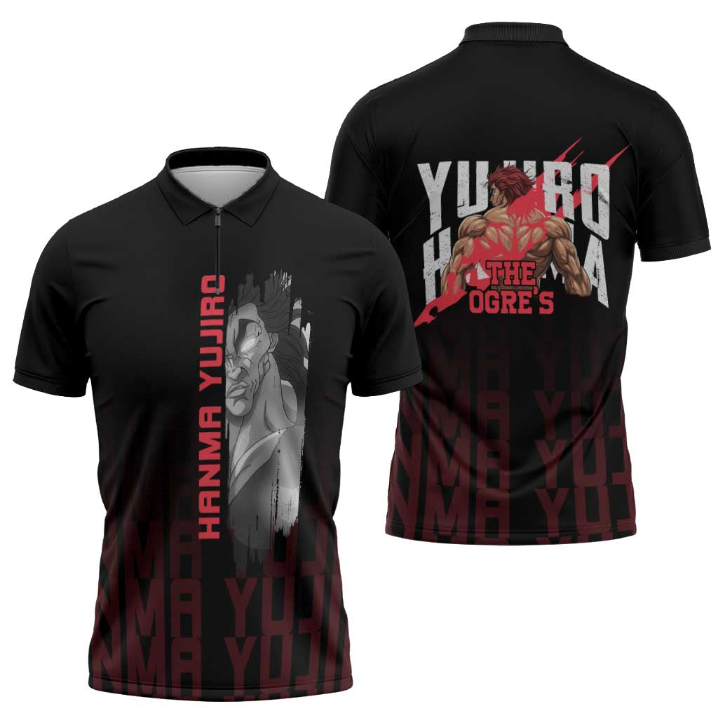 Yujiro Hanma The Ogre Baki Series Gym Theme Zipper Polo Shirt with Muscular Back Design and Bold Typography - The Mazicc