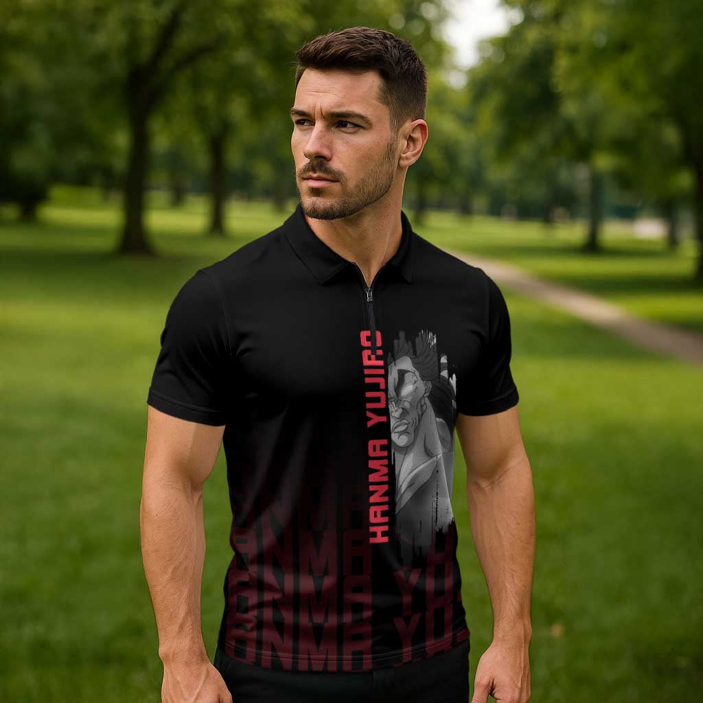 Yujiro Hanma The Ogre Baki Series Gym Theme Zipper Polo Shirt with Muscular Back Design and Bold Typography - The Mazicc