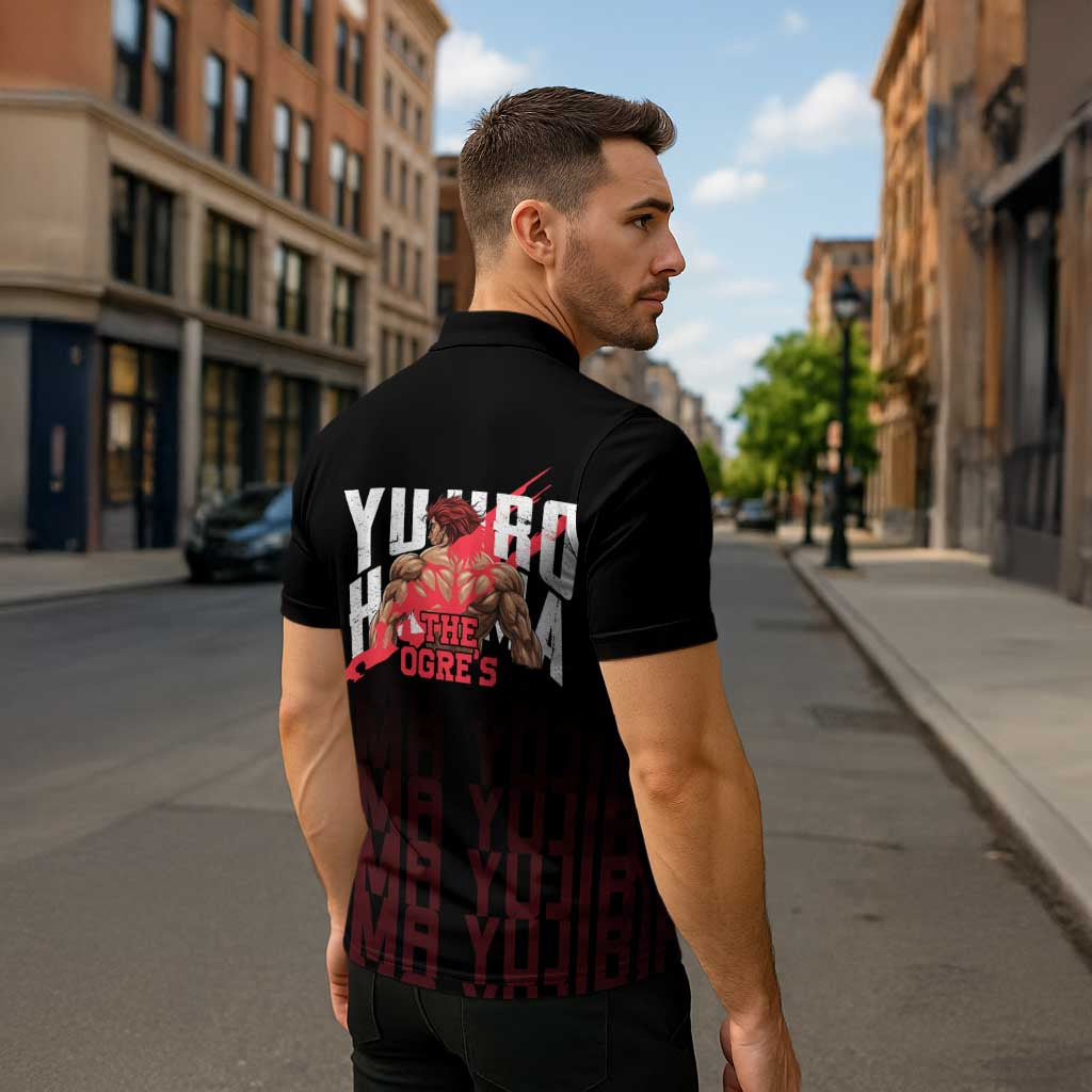 Yujiro Hanma The Ogre Baki Series Gym Theme Zipper Polo Shirt with Muscular Back Design and Bold Typography - The Mazicc