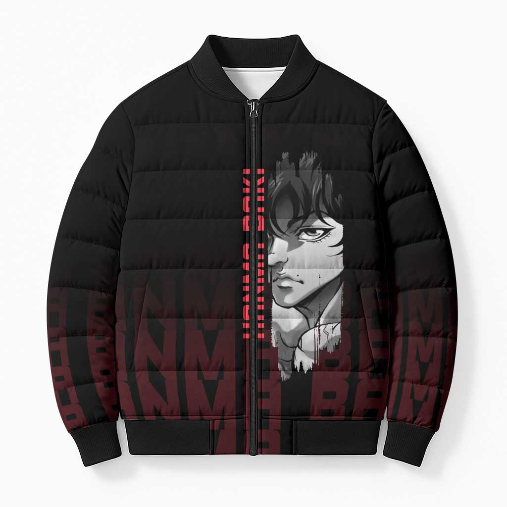 Baki Hanma The Ogre's Son Gym Theme Bomber Puffer Jacket with Intense Anime Artwork and Muscular Back Design - The Mazicc