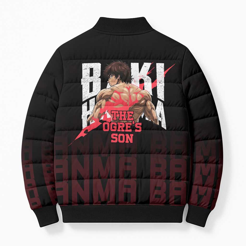 Baki Hanma The Ogre's Son Gym Theme Bomber Puffer Jacket with Intense Anime Artwork and Muscular Back Design - The Mazicc