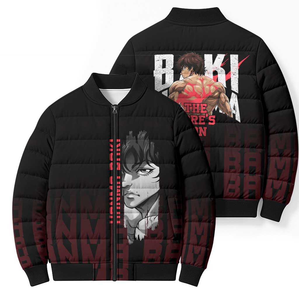 Baki Hanma The Ogre's Son Gym Theme Bomber Puffer Jacket with Intense Anime Artwork and Muscular Back Design - The Mazicc