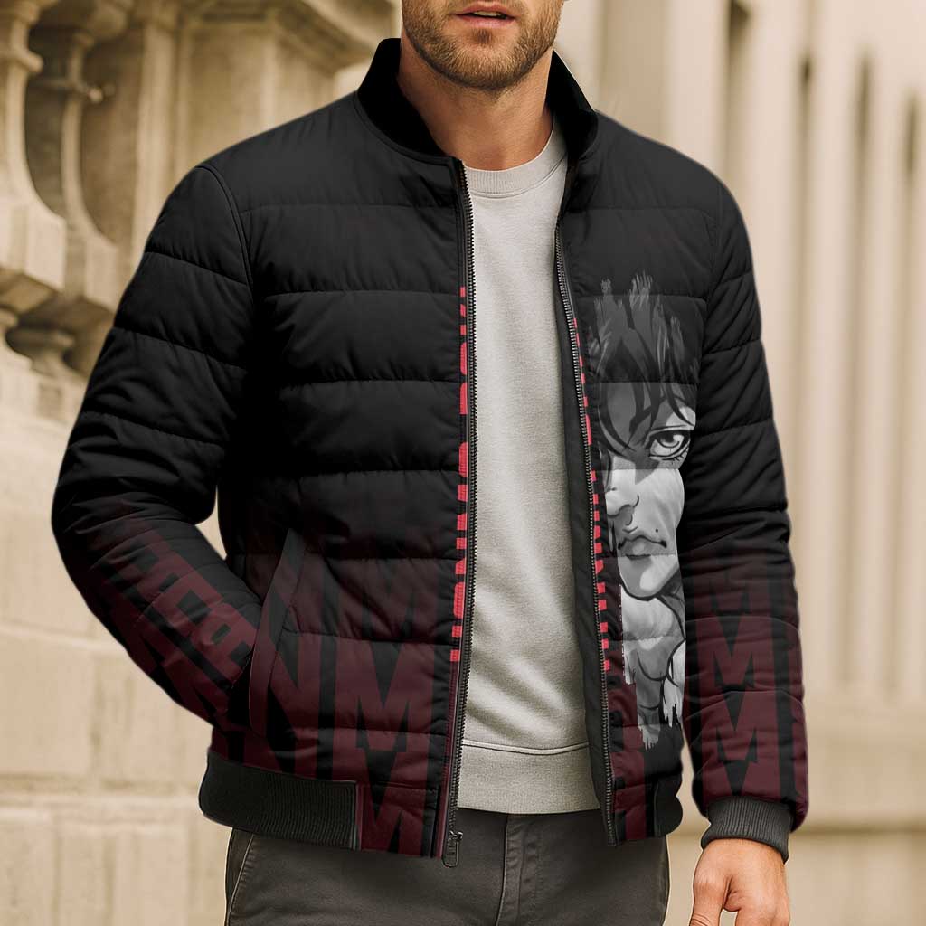 Baki Hanma The Ogre's Son Gym Theme Bomber Puffer Jacket with Intense Anime Artwork and Muscular Back Design - The Mazicc