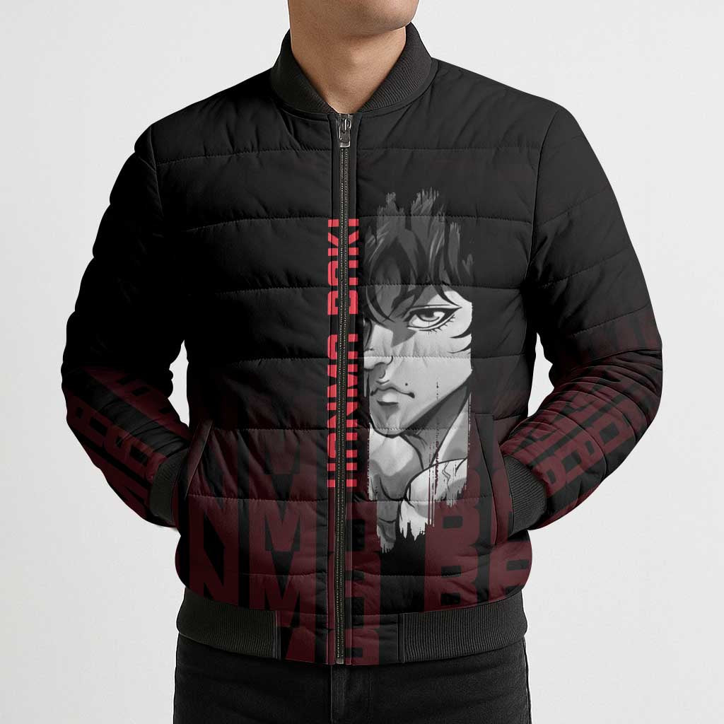 Baki Hanma The Ogre's Son Gym Theme Bomber Puffer Jacket with Intense Anime Artwork and Muscular Back Design - The Mazicc