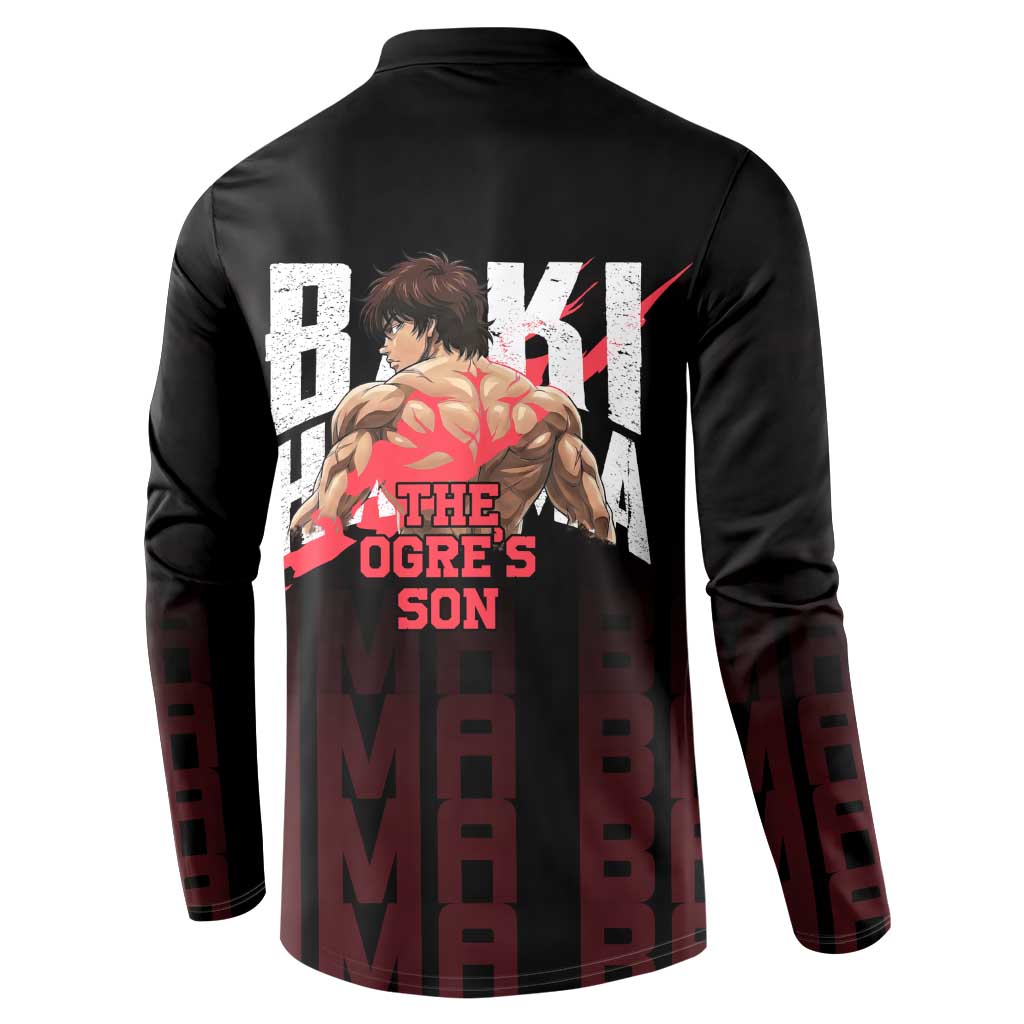 Baki Hanma The Ogre's Son Gym Theme Button Sweatshirt with Intense Anime Artwork and Muscular Back Design - The Mazicc
