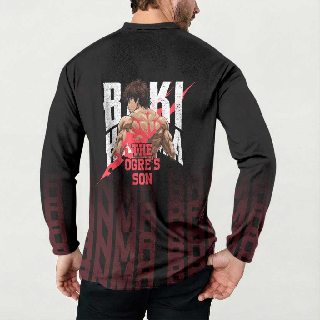 Baki Hanma The Ogre's Son Gym Theme Button Sweatshirt with Intense Anime Artwork and Muscular Back Design - The Mazicc