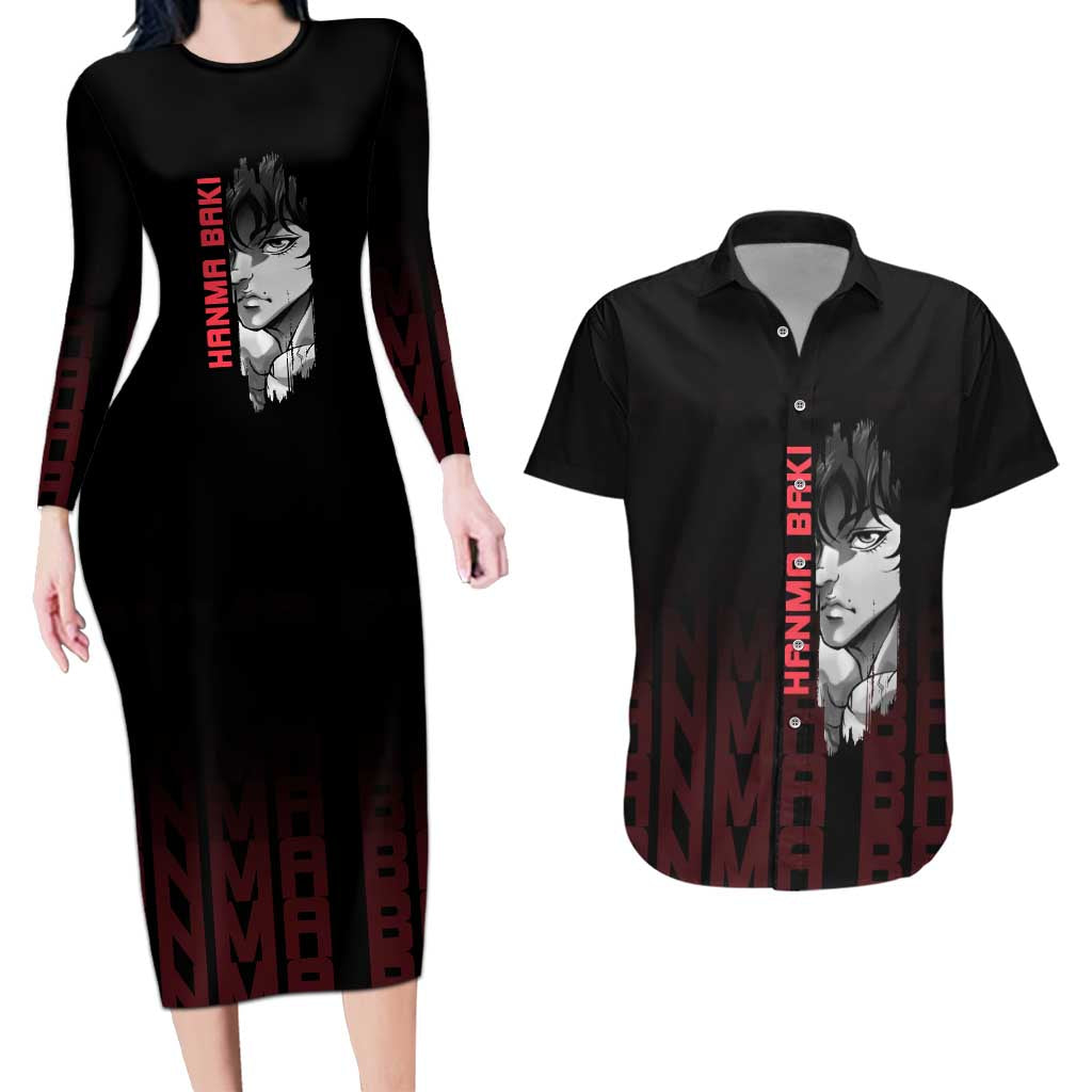 Baki Hanma The Ogre's Son Gym Theme Couples Matching Long Sleeve Bodycon Dress and Hawaiian Shirt with Intense Anime Artwork and Muscular Back Design - The Mazicc