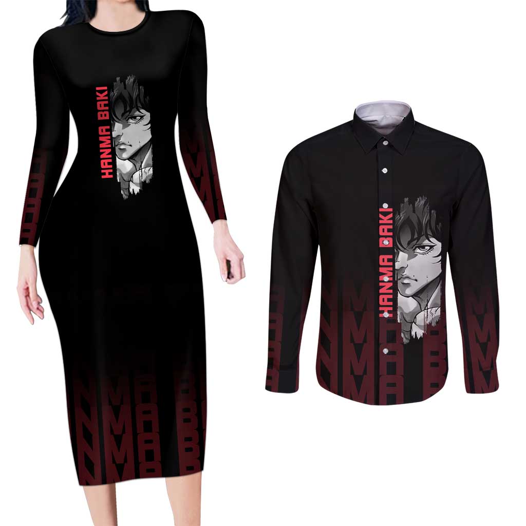 Baki Hanma The Ogre's Son Gym Theme Couples Matching Long Sleeve Bodycon Dress and Long Sleeve Button Shirt with Intense Anime Artwork and Muscular Back Design - The Mazicc
