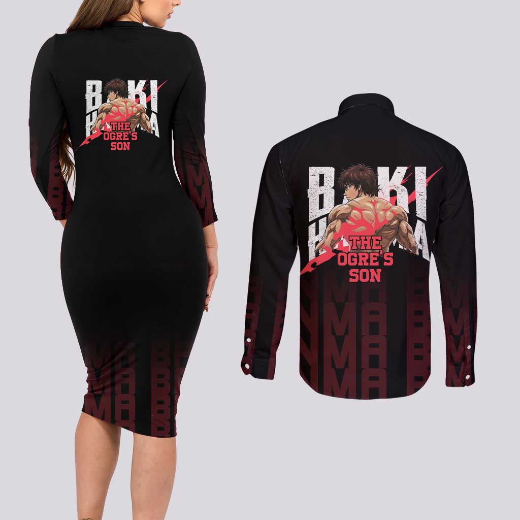 Baki Hanma The Ogre's Son Gym Theme Couples Matching Long Sleeve Bodycon Dress and Long Sleeve Button Shirt with Intense Anime Artwork and Muscular Back Design - The Mazicc