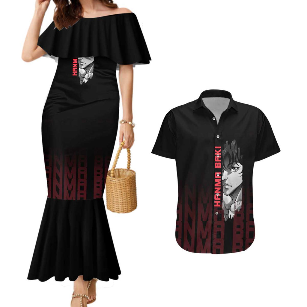 Baki Hanma The Ogre's Son Gym Theme Couples Matching Mermaid Dress and Hawaiian Shirt with Intense Anime Artwork and Muscular Back Design - The Mazicc