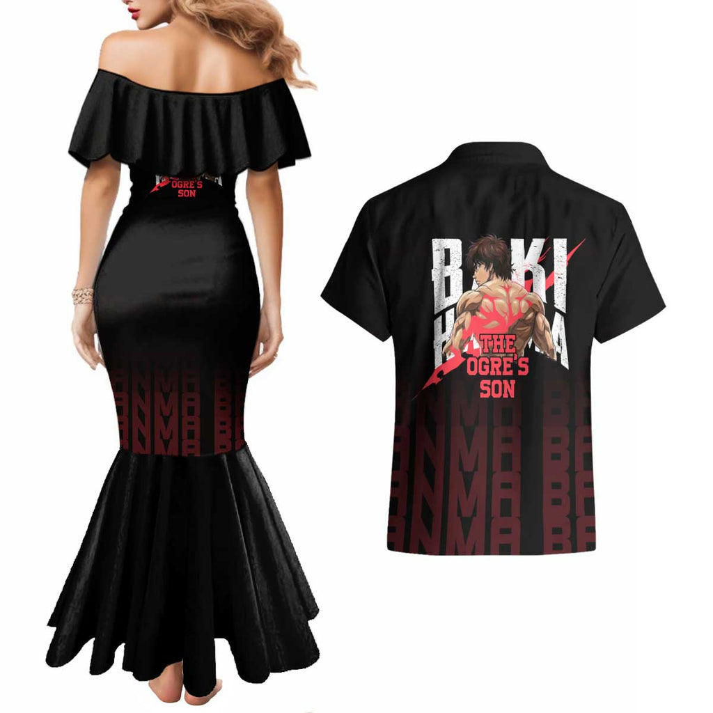 Baki Hanma The Ogre's Son Gym Theme Couples Matching Mermaid Dress and Hawaiian Shirt with Intense Anime Artwork and Muscular Back Design - The Mazicc