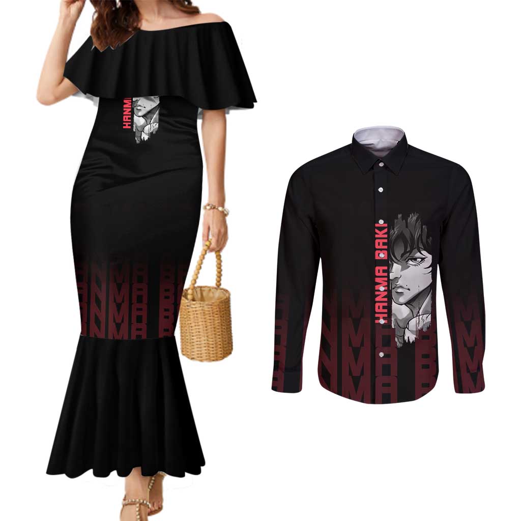 Baki Hanma The Ogre's Son Gym Theme Couples Matching Mermaid Dress and Long Sleeve Button Shirt with Intense Anime Artwork and Muscular Back Design - The Mazicc