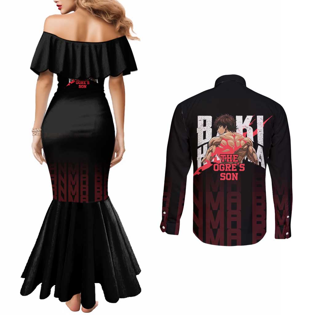 Baki Hanma The Ogre's Son Gym Theme Couples Matching Mermaid Dress and Long Sleeve Button Shirt with Intense Anime Artwork and Muscular Back Design - The Mazicc