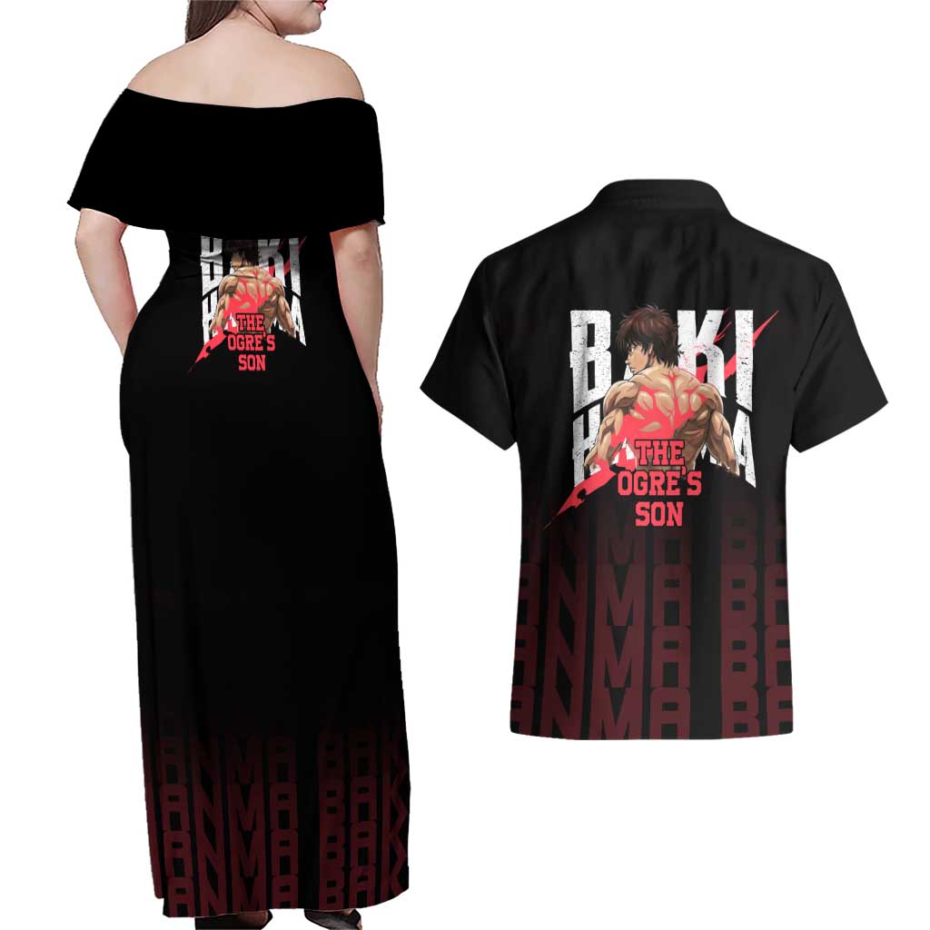 Baki Hanma The Ogre's Son Gym Theme Couples Matching Off Shoulder Maxi Dress and Hawaiian Shirt with Intense Anime Artwork and Muscular Back Design - The Mazicc