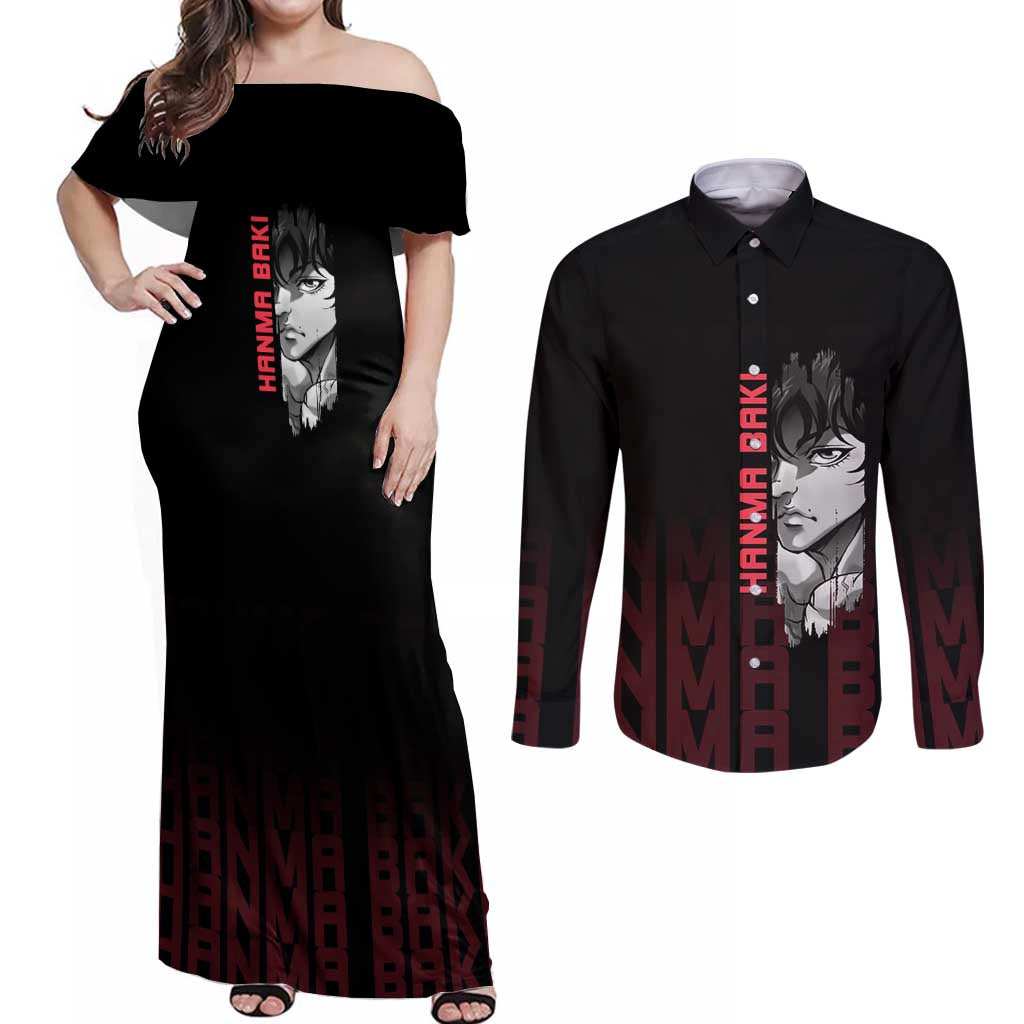 Baki Hanma The Ogre's Son Gym Theme Couples Matching Off Shoulder Maxi Dress and Long Sleeve Button Shirt with Intense Anime Artwork and Muscular Back Design - The Mazicc