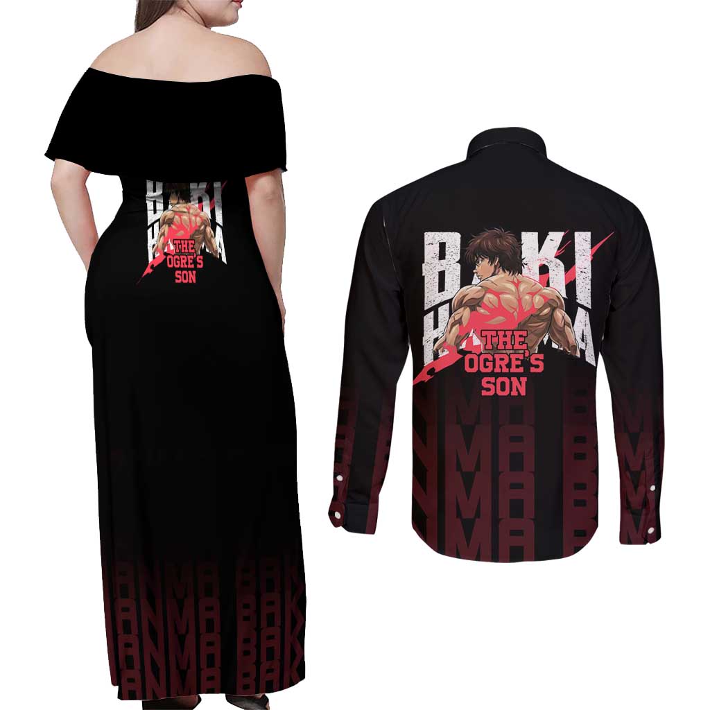 Baki Hanma The Ogre's Son Gym Theme Couples Matching Off Shoulder Maxi Dress and Long Sleeve Button Shirt with Intense Anime Artwork and Muscular Back Design - The Mazicc